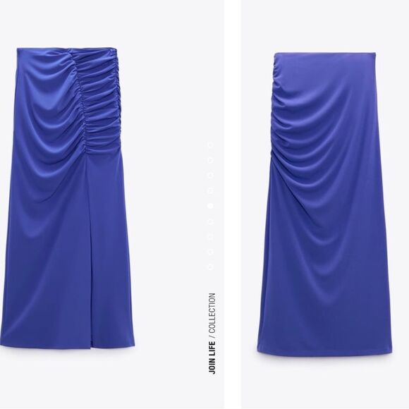 ZARA blue draped ruched high waisted midi skirt front slit Sz M NWT - Picture 3 of 10